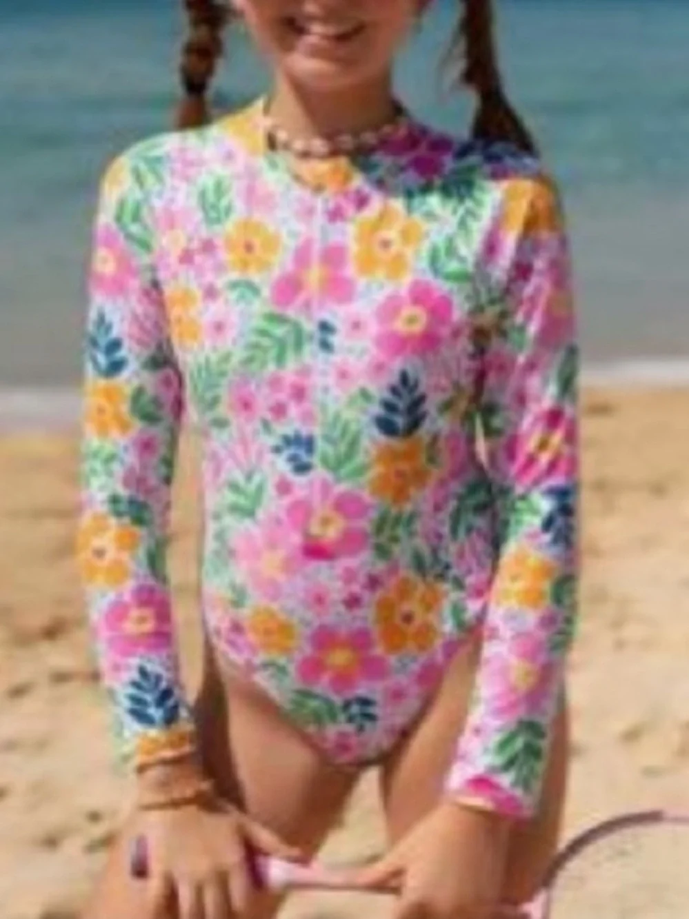 SHEIN Pink Floral Long Sleeve Kids One-Piece Swimsuit